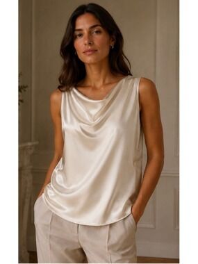 Amanda Uprichard Silk Cowl Neck Tank Top L Beige New Quiet Luxury